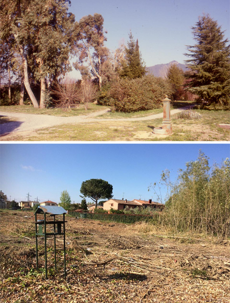 Sopra l'ex orto botanico negli anni 2000, sotto in questi giorni. (Foto di Marco Dinetti).