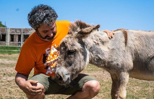 Un volontario LAV con uno degli animali presenti sull'isola